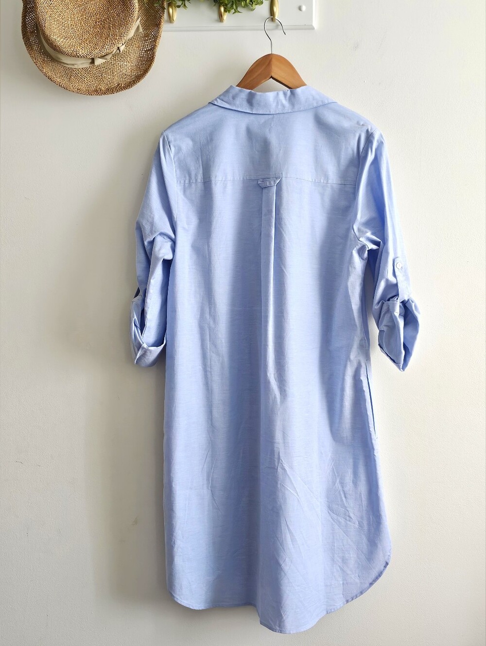 Habitat Shirt Dress Womens M Blue Cotton Stretch Roll Tab Sleeve Midi Pockets - Picture 2 of 6